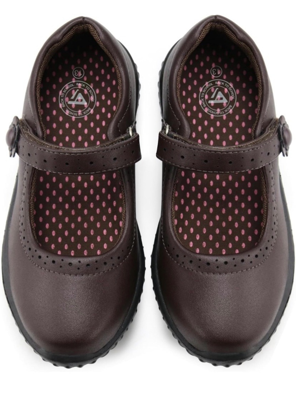 Girls Dark Brown Mary Jane School Shoes With Floral Accent Size 10